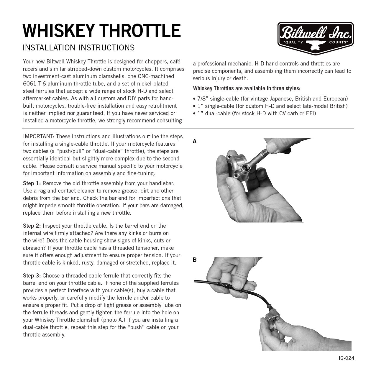 Cast Whiskey Throttle 1" Single - Polished